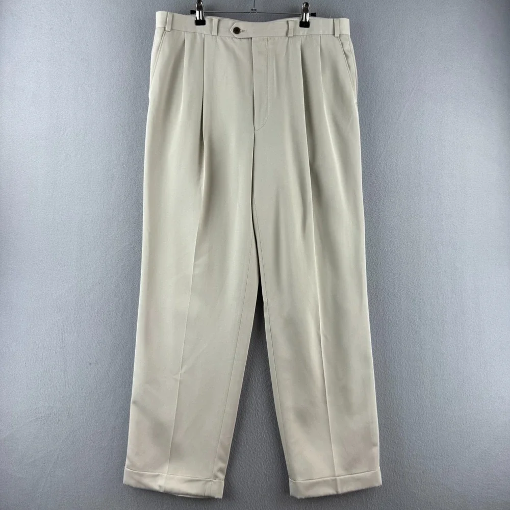 Vintage Polo Ralph Lauren Pants Mens Fits 35x31 Cream Rayon Blend Pleated Baggy